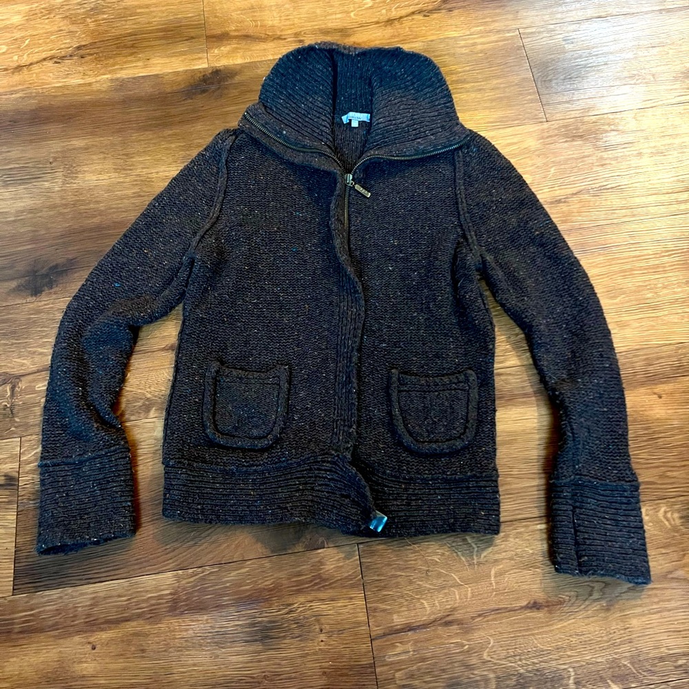 Per Una. Brown, knit, zip up (hidden) cardigan with high neck